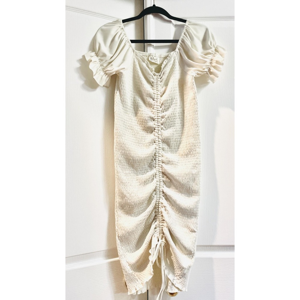 Mod Wholesale Dress Womens XL Ivory Ruched Smocked‎ Puff Sleeve Bodycon